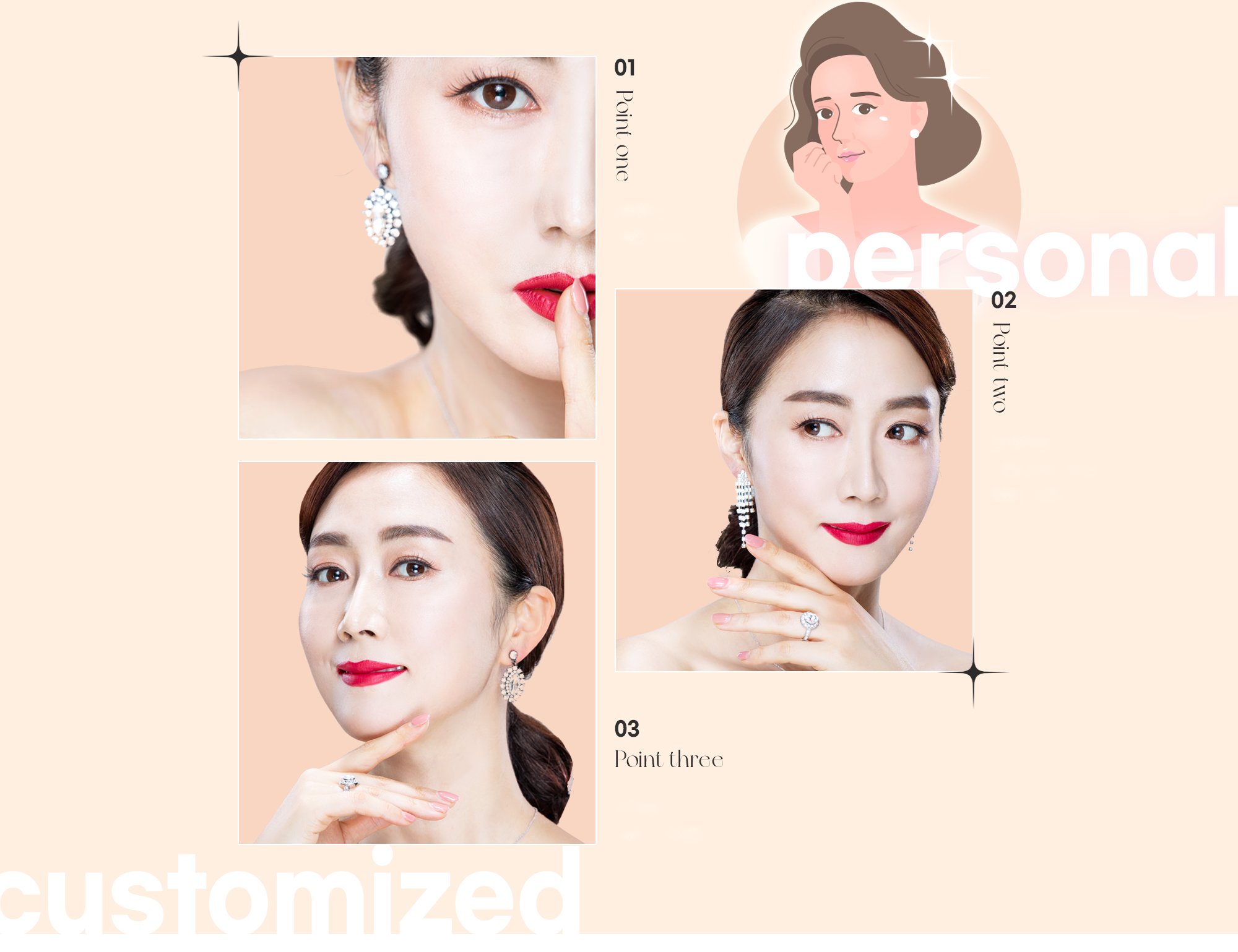 Customized eye-shape design collage composed of photos of three models and a facial illustration