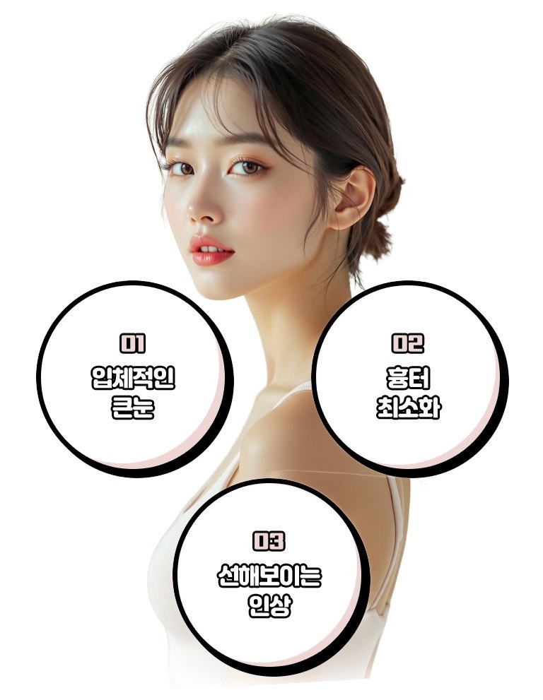 Lower canthoplasty result model by Hyundai Aesthetics — dimensional, larger-looking eyes