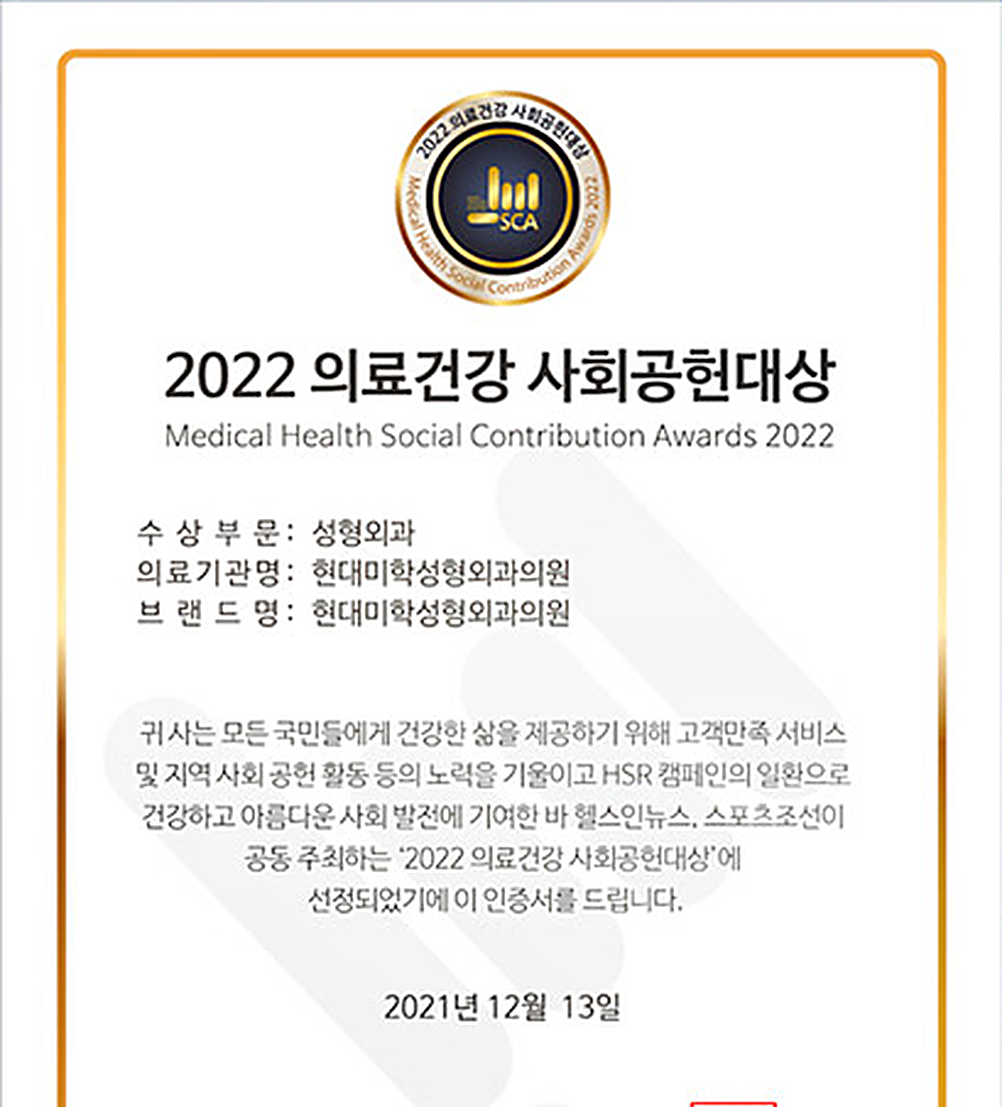 2022 Medical Health Social Contribution Awards certificate — Hyundai Aesthetic Surgery