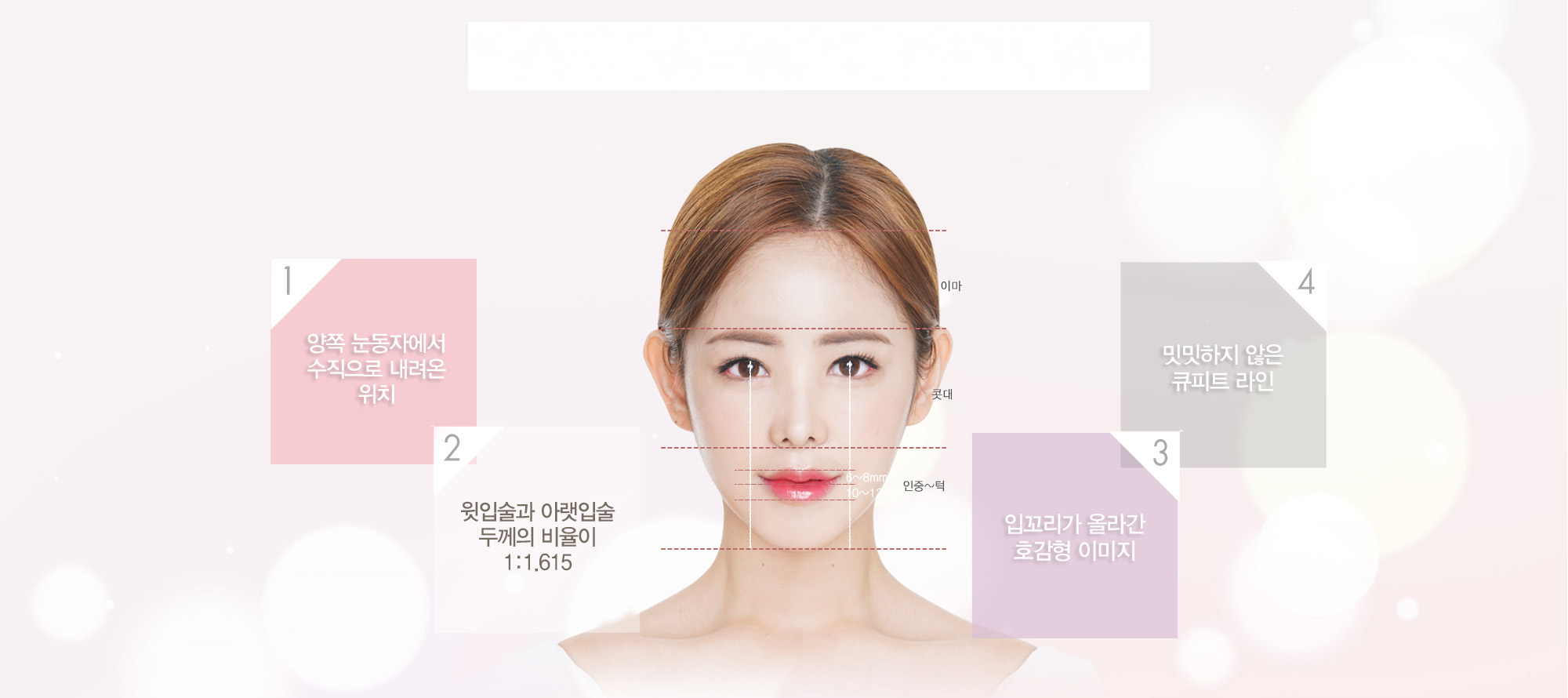 The most ideal golden lip ratio of 1:1.615 — a vertical line descending from each pupil, an upper-to-lower lip thickness ratio of 1:1.615, a likable image with lifted mouth corners, and a defined Cupid's bow line